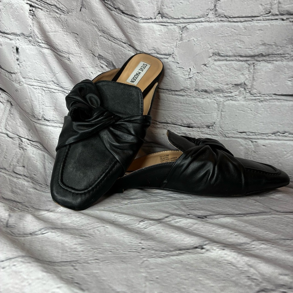 Steve‎ Madden Black Leather Bow Knot Square Toe Mules Slip On Flats Wmns Sz 8.5